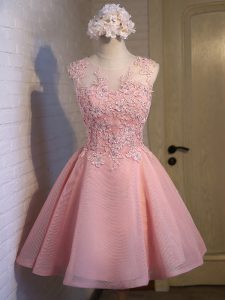 Chic Pink Scoop Lace Up Lace Damas Dress Sleeveless