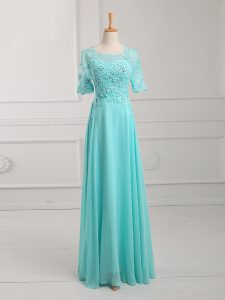 Aqua Blue Half Sleeves Chiffon Zipper Mother Of The Bride Dress for Prom and Military Ball and Beach
