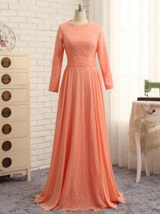 Noble Column/Sheath Mother Of The Bride Dress Orange Scoop Chiffon Long Sleeves Floor Length Zipper
