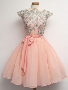 Attractive Chiffon Scalloped Cap Sleeves Zipper Lace and Belt Dama Dress in Peach