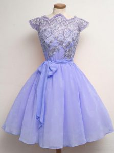 Chiffon Scalloped Cap Sleeves Lace Up Lace and Belt Court Dresses for Sweet 16 in Lavender