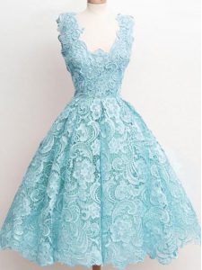 Latest A-line Dama Dress for Quinceanera Aqua Blue Straps Lace Sleeveless Knee Length Zipper