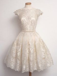 Champagne Scalloped Lace Up Lace Quinceanera Dama Dress Cap Sleeves