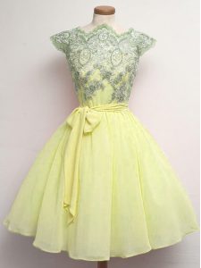 Cute Yellow Cap Sleeves Lace and Belt Knee Length Dama Dress