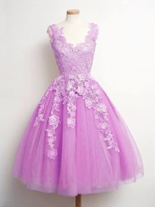 V-neck Sleeveless Lace Up Dama Dress for Quinceanera Lilac Tulle