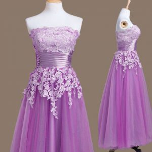 Pretty Tulle Strapless Sleeveless Lace Up Appliques Dama Dress for Quinceanera in Purple