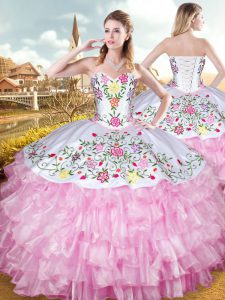 Custom Made Sweetheart Sleeveless Organza and Taffeta Quinceanera Gowns Embroidery and Ruffled Layers Lace Up