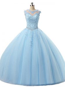 Delicate Light Blue Lace Up Vestidos de Quinceanera Beading and Lace Sleeveless Floor Length