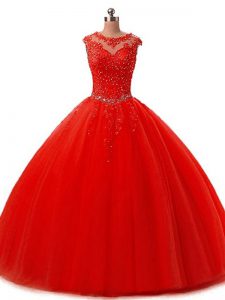 Cute Ball Gowns Sweet 16 Quinceanera Dress Red Scoop Tulle Sleeveless Floor Length Lace Up