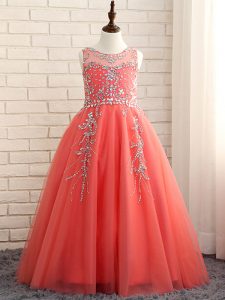 Elegant Sleeveless Floor Length Beading Zipper Kids Pageant Dress with Watermelon Red