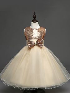 Champagne Ball Gowns Tulle Scoop Sleeveless Sequins and Bowknot Tea Length Zipper Pageant Dresses