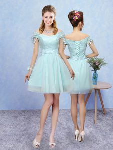 V-neck Short Sleeves Tulle Quinceanera Dama Dress Lace Lace Up