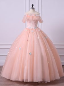Customized Peach Ball Gown Prom Dress Military Ball and Sweet 16 and Quinceanera with Lace and Appliques Off The Shoulder Short Sleeves Lace Up