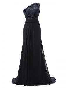 Custom Design Brush Train Column/Sheath Damas Dress Black One Shoulder Chiffon Sleeveless Side Zipper