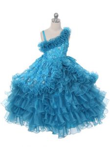 Teal Organza Lace Up Asymmetric Sleeveless Floor Length Evening Gowns Lace and Ruffles and Ruffled Layers