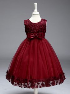 Burgundy Little Girls Pageant Dress Wedding Party with Appliques and Bowknot Scoop Sleeveless Zipper