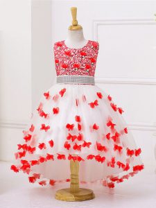 Gorgeous White And Red Zipper Scoop Appliques and Sequins Kids Pageant Dress Tulle Sleeveless