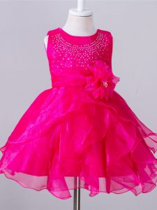 Top Selling Sleeveless Organza Knee Length Zipper Pageant Dress for Womens in Hot Pink with Beading and Hand Made Flower