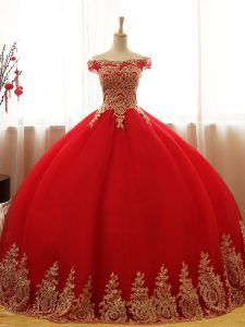 Red Lace Up Quince Ball Gowns Appliques Sleeveless Floor Length