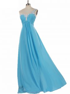 Romantic One Shoulder Sleeveless Zipper Quinceanera Court Dresses Aqua Blue Chiffon