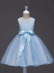Light Blue Zipper Scoop Lace and Belt Child Pageant Dress Tulle Sleeveless