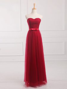 Elegant Wine Red Empire Tulle and Lace Sweetheart Sleeveless Belt Floor Length Lace Up Dama Dress for Quinceanera