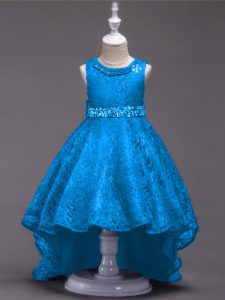 Gorgeous Lace Sleeveless High Low Little Girl Pageant Gowns and Beading
