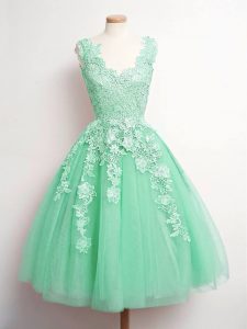 Exquisite Sleeveless Knee Length Lace Lace Up Quinceanera Court of Honor Dress with Apple Green
