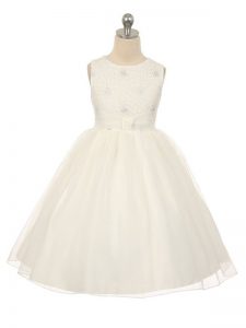Stylish White Ball Gowns Tulle Scoop Sleeveless Beading Knee Length Lace Up Pageant Dress Womens