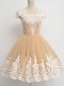 Champagne Zipper Square Lace Court Dresses for Sweet 16 Tulle Cap Sleeves