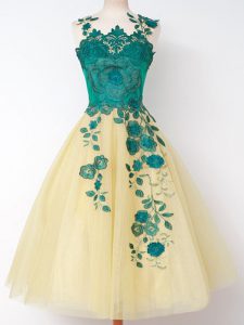 Super Knee Length Lace Up Court Dresses for Sweet 16 Gold for Prom and Party and Wedding Party with Appliques