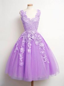 Comfortable Lace Quinceanera Court of Honor Dress Lavender Lace Up Sleeveless Knee Length