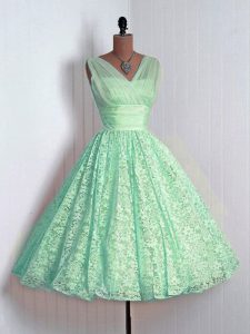 Customized Apple Green Sleeveless Lace Mini Length Dama Dress for Quinceanera