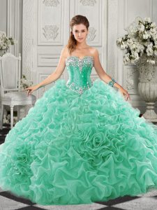 Romantic Apple Green Sleeveless Organza Court Train Lace Up Quince Ball Gowns for Military Ball and Sweet 16 and Quinceanera