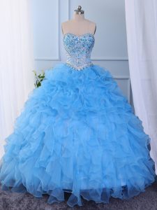 Glittering Ball Gowns Quinceanera Gowns Baby Blue Sweetheart Organza Sleeveless Floor Length Lace Up