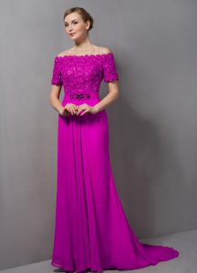 Exceptional Fuchsia Mother Of The Bride Dress Prom and Party with Lace Off The Shoulder Short Sleeves Sweep Train Zipper