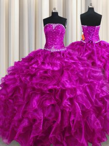 Cute Strapless Sleeveless Organza Ball Gown Prom Dress Beading and Ruffles Lace Up