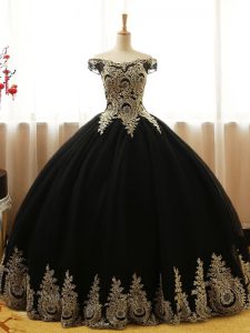 Custom Fit Black Sleeveless Floor Length Appliques Lace Up Sweet 16 Quinceanera Dress