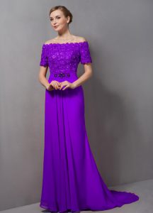 Fancy Eggplant Purple Chiffon Zipper Off The Shoulder Short Sleeves Mother Dresses Sweep Train Lace