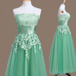 Decent Turquoise Empire Strapless Sleeveless Tulle Tea Length Lace Up Appliques Quinceanera Court Dresses