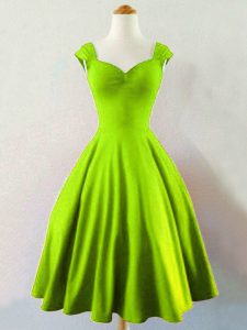 Sleeveless Taffeta Mini Length Lace Up Dama Dress in Yellow Green with Ruching