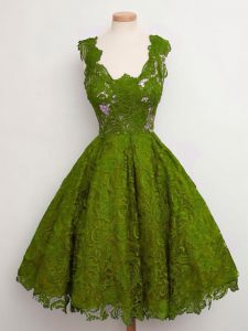 Classical Knee Length Lace Up Vestidos de Damas Olive Green for Prom and Party and Wedding Party with Lace