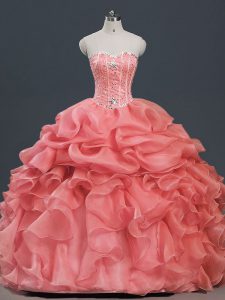 Pretty Sleeveless Floor Length Beading and Ruffles and Pick Ups Lace Up Ball Gown Prom Dress with Watermelon Red