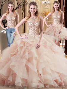 Custom Fit Peach Lace Up 15 Quinceanera Dress Beading and Ruffles Sleeveless Brush Train