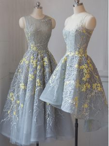 Admirable Grey Sleeveless Lace Tea Length Vestidos de Damas