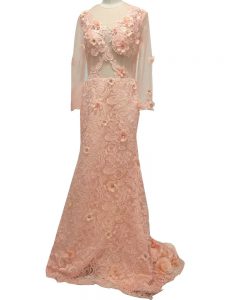 Beading and Hand Made Flower Mother of Groom Dress Peach Side Zipper Long Sleeves Brush Train