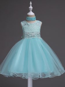Aqua Blue Sleeveless Organza Zipper Girls Pageant Dresses for Wedding Party