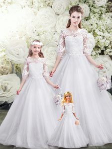Stylish Half Sleeves Tulle Brush Train Lace Up Ball Gown Prom Dress in White with Lace
