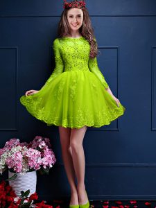 Dynamic Chiffon Scalloped 3 4 Length Sleeve Lace Up Beading and Lace and Appliques Quinceanera Court Dresses in Yellow Green