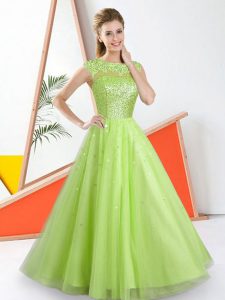 Bateau Sleeveless Court Dresses for Sweet 16 Floor Length Beading and Lace Yellow Green Tulle